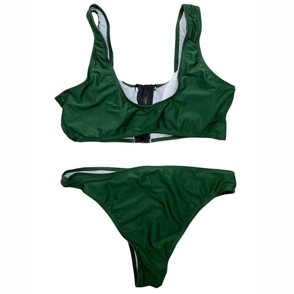 Army Green Scoop Neck Zip-Front Crop Top Bikini - Picture 9 of 16